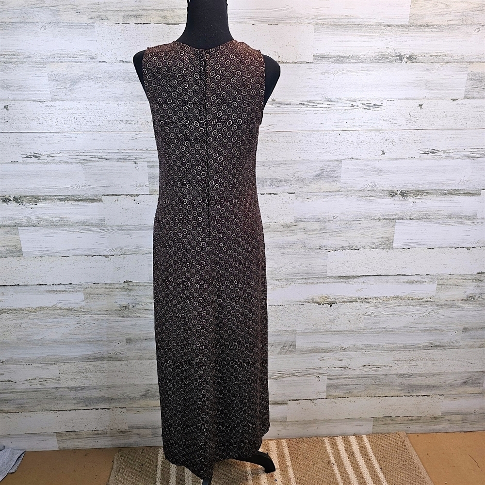 Vintage Old Navy 90s Chocolate Brown Print Midi Dress Sz 4 Rayon Sleeveless - Picture 5 of 16